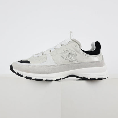 Chanel CC Logo Chunky Dad Sneakers – White Mesh & Suede with Black Rubber Accents