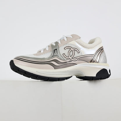 Chanel CC Logo Chunky Dad Sneakers – Cream Mesh & Soft Silver Metallic Leather