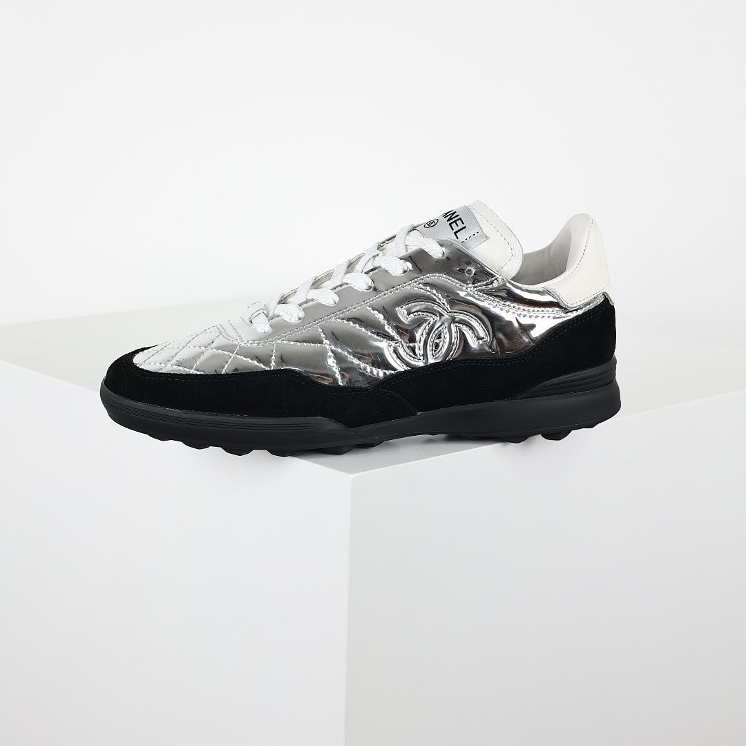 Chanel CC Logo Runner Sneakers – Silver Quilted Metallic Leather & Black Suede