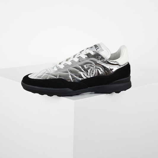 Chanel CC Logo Runner Sneakers – Silver Quilted Metallic Leather & Black Suede