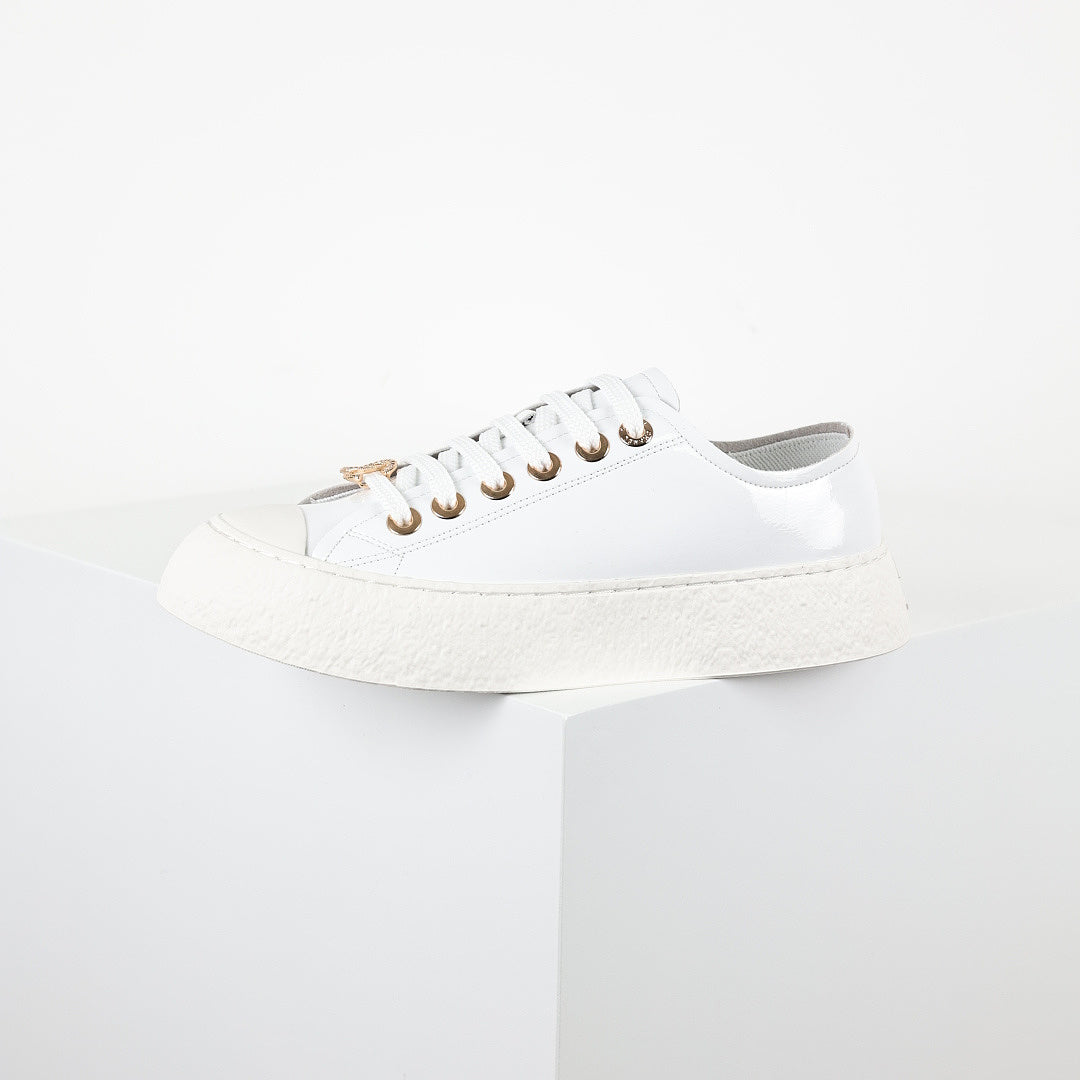 Chanel Low-Top Platform Sneakers – White Leather with Gold CC Lace Charm