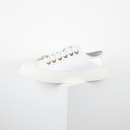Chanel Low-Top Platform Sneakers – White Leather with Gold CC Lace Charm