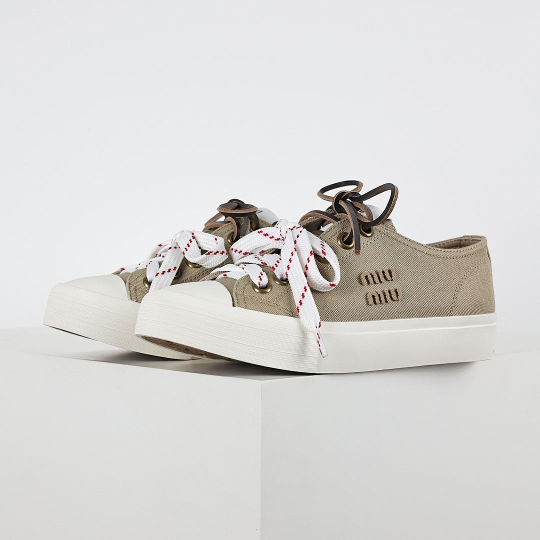 Miu Miu Canvas Low-Top Sneakers in Khaki