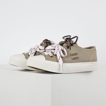 Miu Miu Canvas Low-Top Sneakers in Khaki