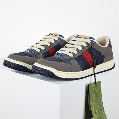 Gucci Screener Low-Top Sneakers – Grey Suede & Navy GG Canvas with Web Stripe