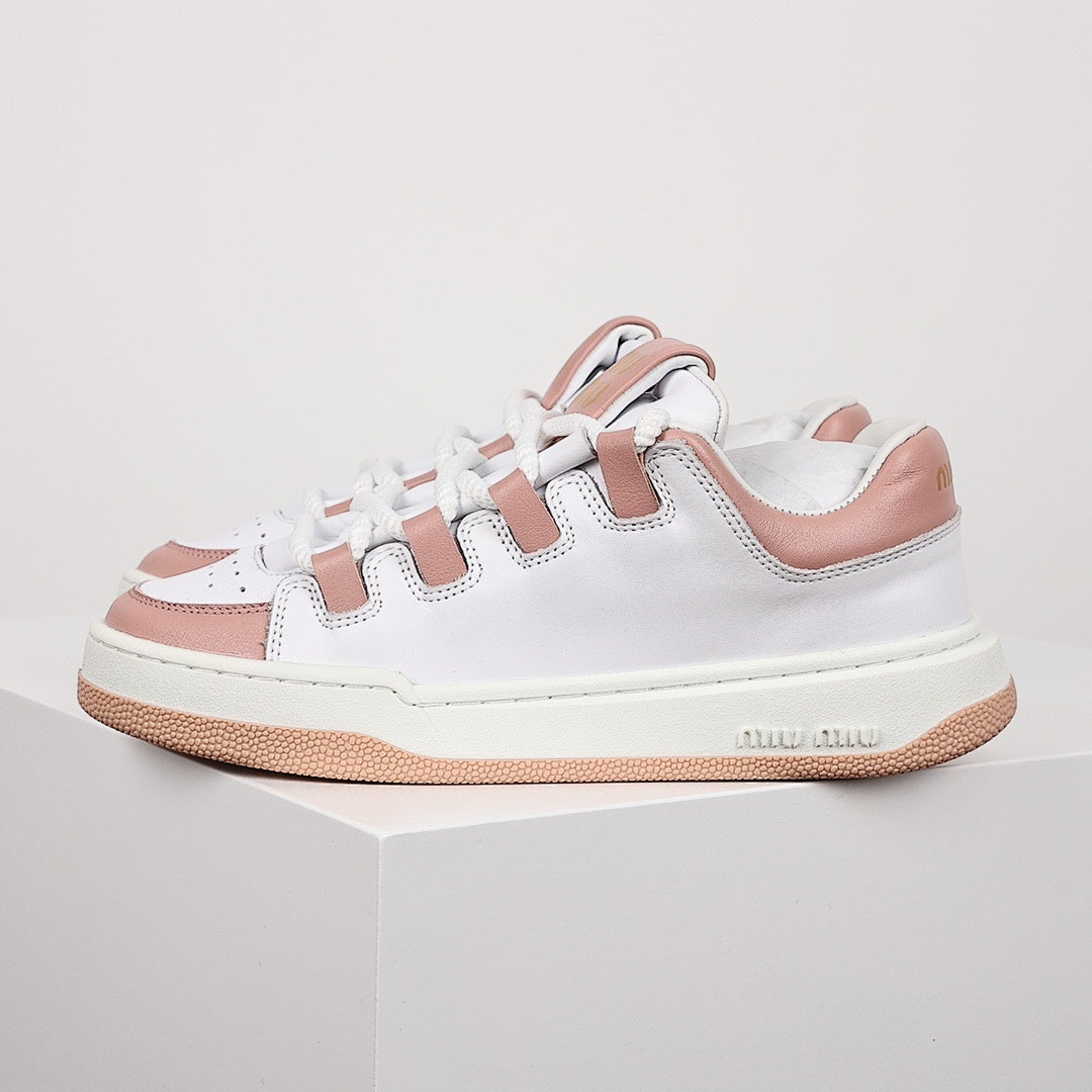 Miu Miu Oversized Lace Leather Low-Top Sneakers in White & Pink