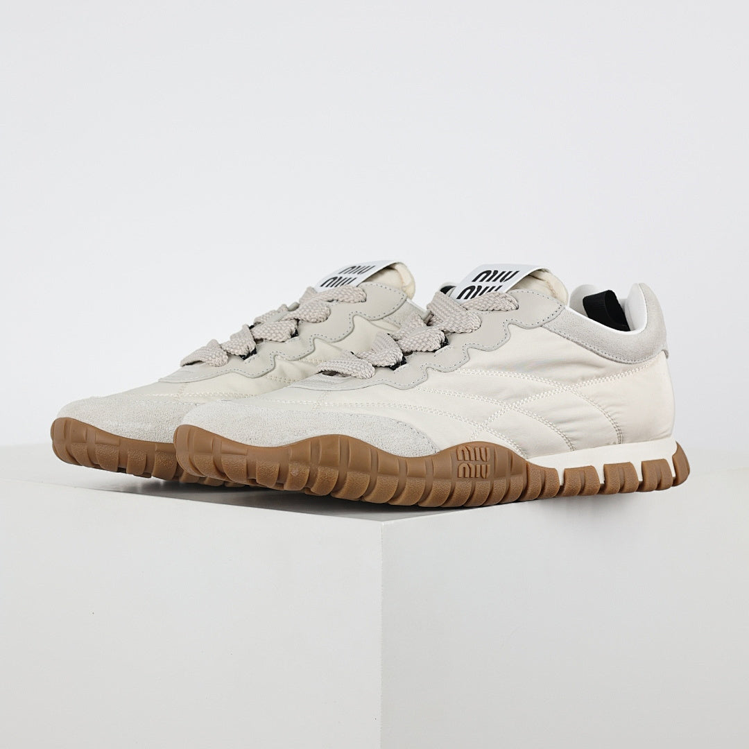 Miu Miu SS25 Quilted Nylon & Suede Sneakers in Cream