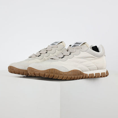 Miu Miu SS25 Quilted Nylon & Suede Sneakers in Cream