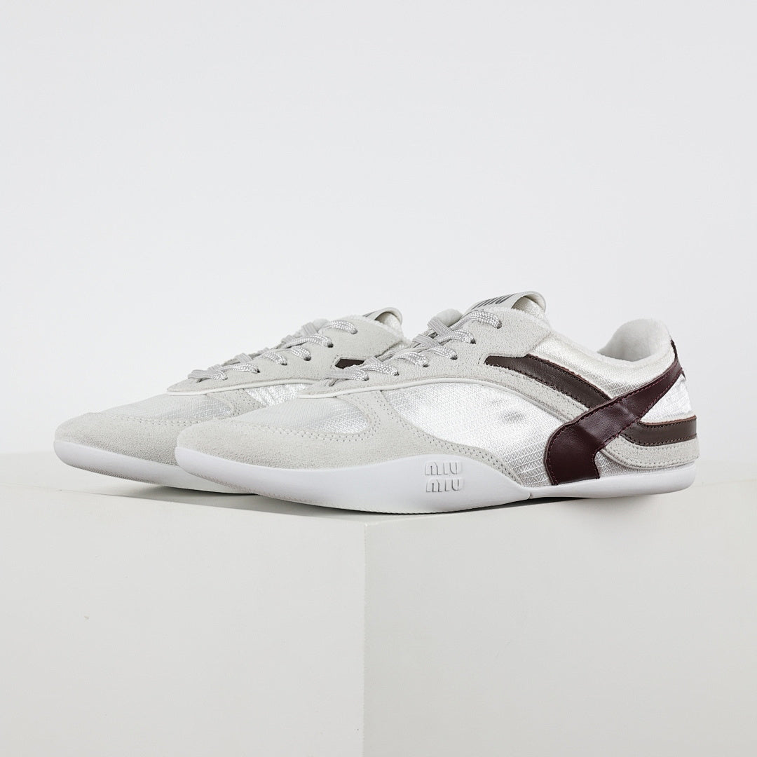 Miu Miu Suede & Satin Trainer Sneakers in White & Brown
