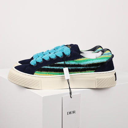 Dior B33 Low-Top Sneakers – Navy Suede & Multicolor Stripe Knit with Turquoise Laces