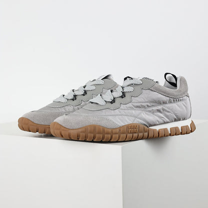 Miu Miu SS25 Quilted Nylon & Suede Sneakers in Grey
